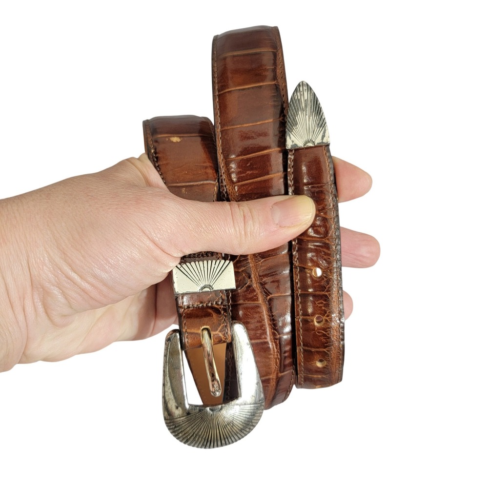 Brighton ONYX Mens Brown Crocodile Leather Belt Silver Buckle Sz 34 17407